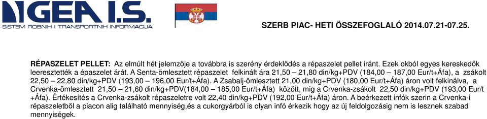 A Senta-ömlesztett répaszelet felkinált ára 21,50 21,80 din/kg+pdv (184,00 187,00 Eur/t+Áfa), a zsákolt 22,50 22,80 din/kg+pdv (193,00 196,00 Eur/t+Áfa).