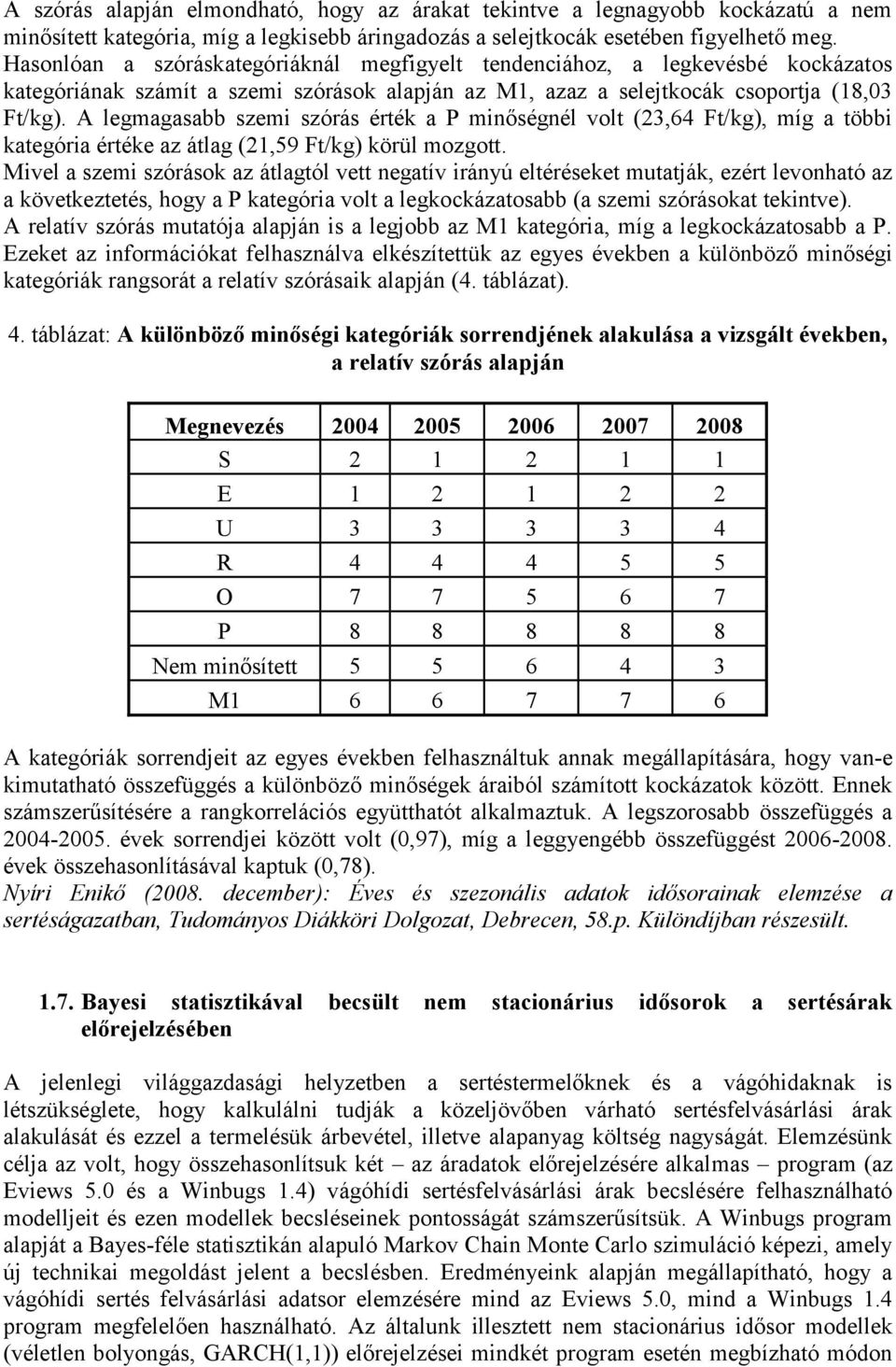 A legmagasabb szemi szórás érték a P minőségnél volt (23,64 Ft/kg), míg a többi kategória értéke az átlag (21,59 Ft/kg) körül mozgott.