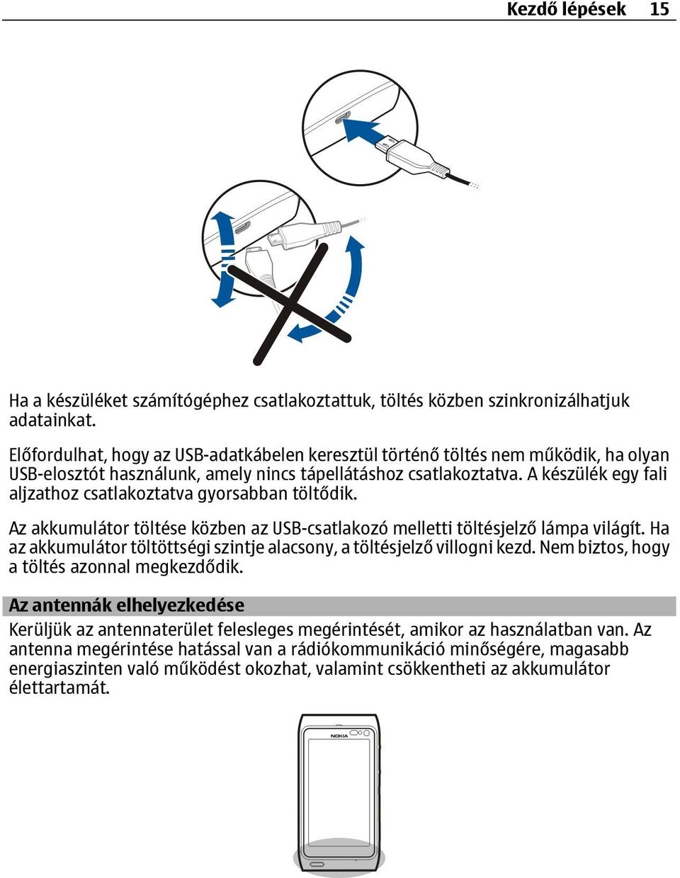 A készülék egy fali aljzathoz csatlakoztatva gyorsabban töltődik. Az akkumulátor töltése közben az USB-csatlakozó melletti töltésjelző lámpa világít.