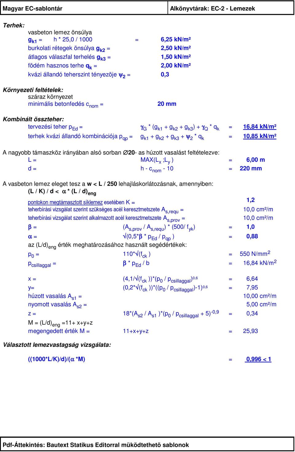 k3 ) + γ Q * q k = 16,84 kn/m² terhek kvázi állandó kombinációja p qp = g k1 + g k + g k3 + ψ * q k = 10,85 kn/m² A nagyobb támaszköz irányában alsó sorban 0- as húzott vasalást feltételezve: L =