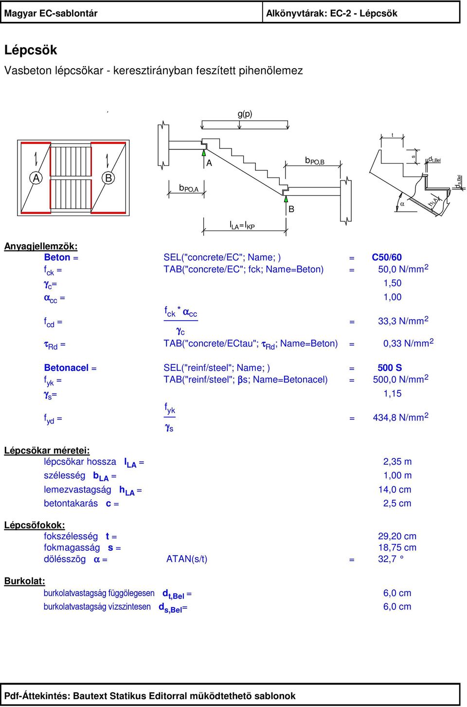 0,33 N/mm Betonacel = SEL("reinf/steel"; Name; ) = 500 S f yk = TAB("reinf/steel"; βs; Name=Betonacel) = 500,0 N/mm γ s = 1,15 f yd = f yk γ s = 434,8 N/mm Lépcsökar méretei: lépcsökar hossza l LA