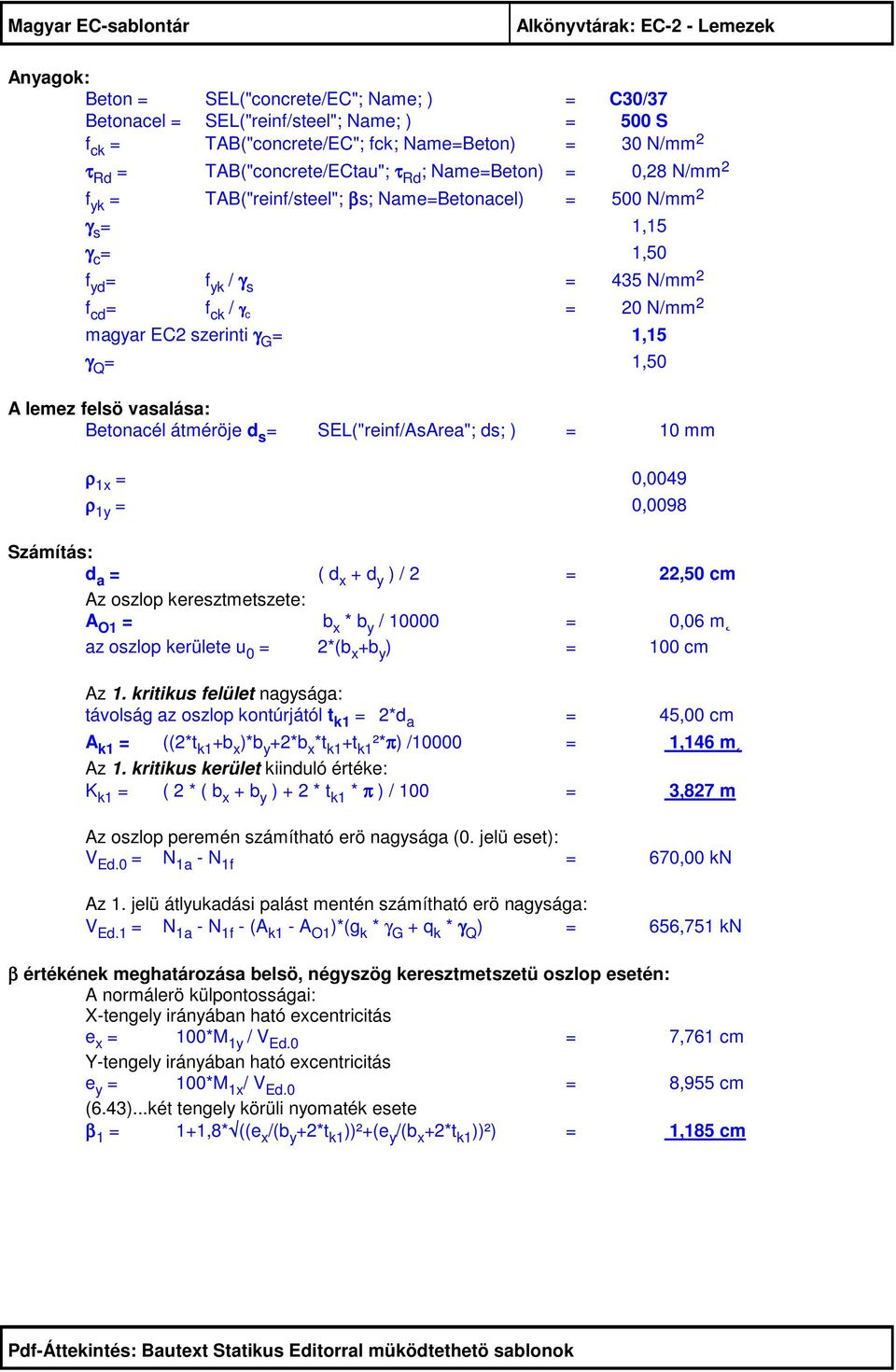 szerinti γ G = 1,15 γ Q = 1,50 A lemez felsö vasalása: Betonacél átméröje d s = SEL("reinf/AsArea"; ds; ) = 10 mm ρ 1x = 0,0049 ρ 1y = 0,0098 Számítás: d a = ( d x + d y ) / =,50 cm Az oszlop