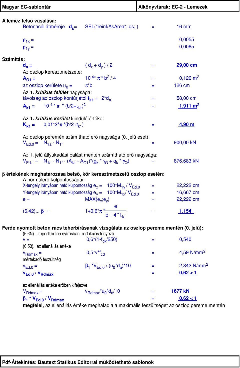 kritikus felület nagysága: távolság az oszlop kontúrjától t k1 = *d a = 58,00 cm A k1 = 10-4 * π * (b/+t k1 ) = 1,911 m Az 1.