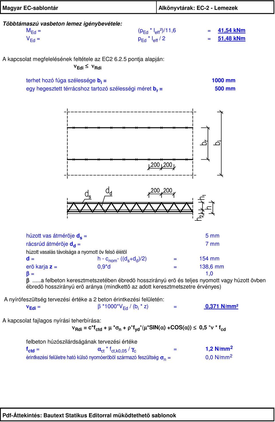 húzott vasalás távolsága a nyomott öv felsö élétöl d = h - c nom - ((d s +d d )/) = 154 mm erö karja z = 0,9*d = 138,6 mm β = 1,0 β.