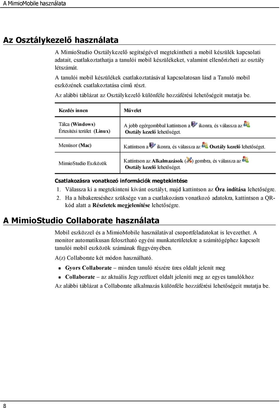 Az alábbi táblázat az Osztálykezelő különféle hozzáférési lehetőségeit mutatja be.