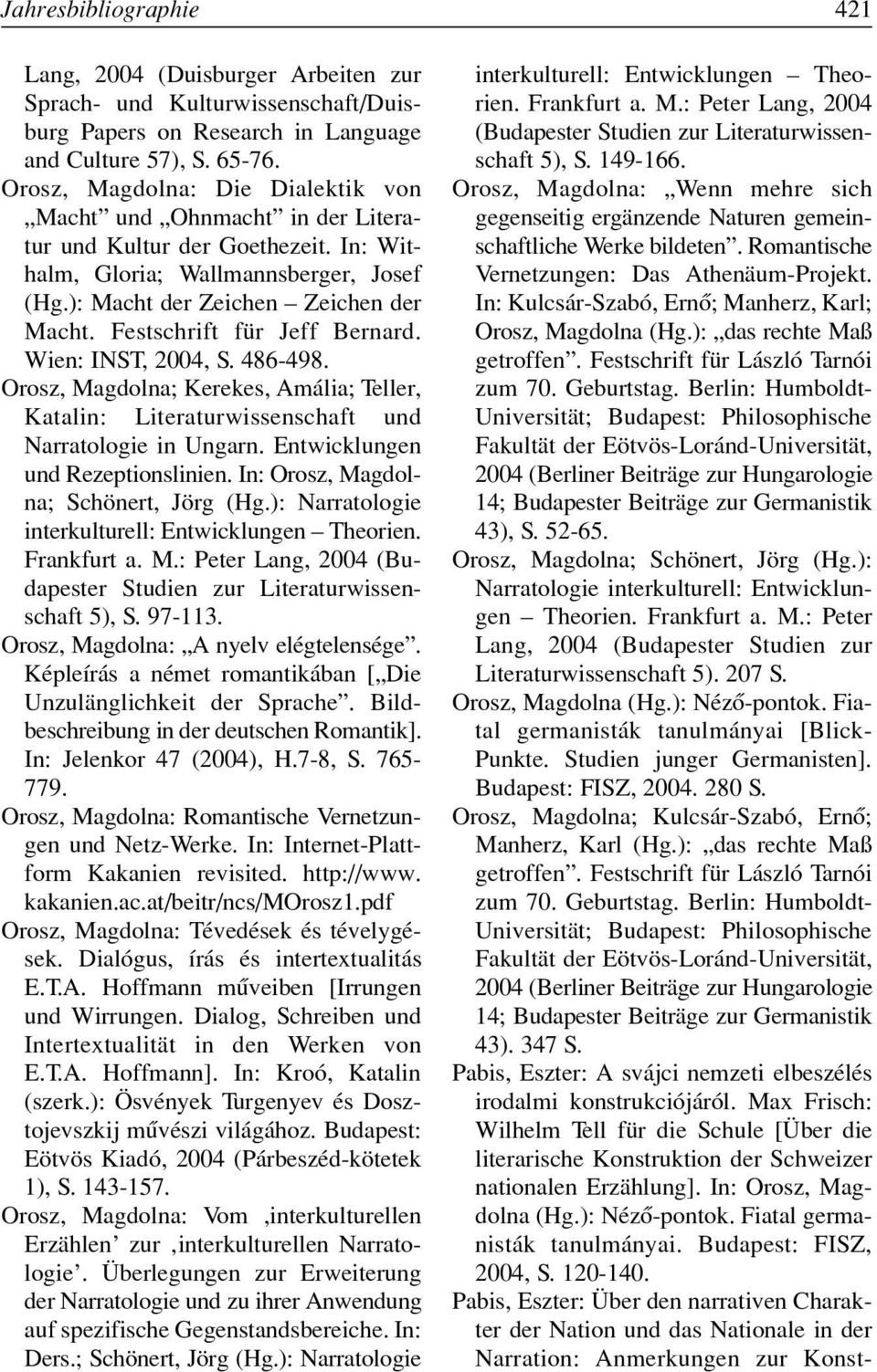 Festschrift für Jeff Bernard. Wien: INST, 2004, S. 486-498. Orosz, Magdolna; Kerekes, Amália; Teller, Katalin: Literaturwissenschaft und Narratologie in Ungarn. Entwicklungen und Rezeptionslinien.