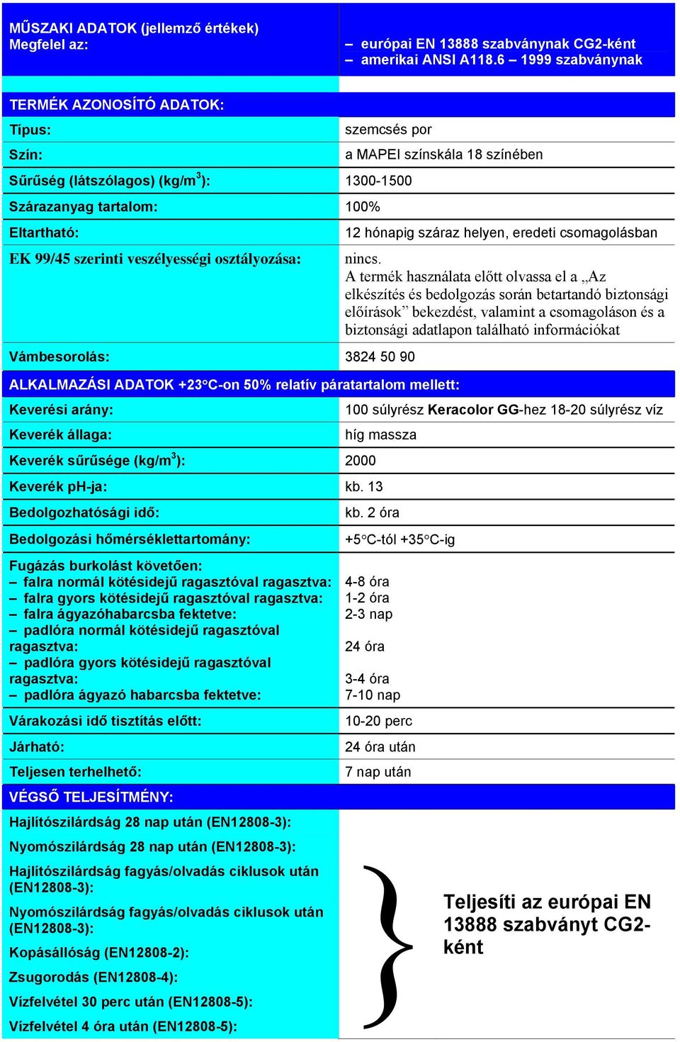 Vámbesorolás: 3824 50 90 a MAPEI színskála 18 színében ALKALMAZÁSI ADATOK +23 C-on 50% relatív páratartalom mellett: Keverési arány: Keverék állaga: Keverék sűrűsége (kg/m 3 ): 2000 12 hónapig száraz