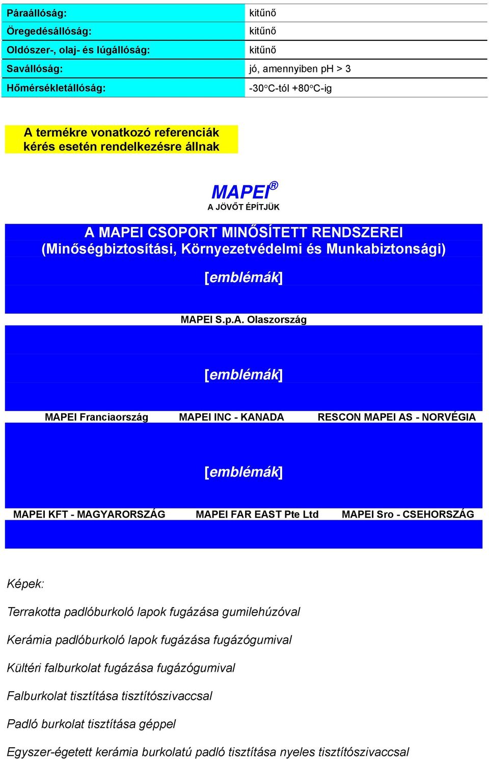 EI A JÖVŐT ÉPÍTJÜK A MAPEI CSOPORT MINŐSÍTETT RENDSZEREI (Minőségbiztosítási, Környezetvédelmi és Munkabiztonsági) [emblémák] MAPEI S.p.A. Olaszország [emblémák] MAPEI Franciaország MAPEI INC -