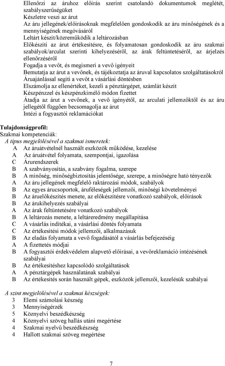 feltüntetéséről, az árjelzés ellenőrzéséről Fogadja a vevőt, és megismeri a vevő igényeit Bemutatja az árut a vevőnek, és tájékoztatja az áruval kapcsolatos szolgáltatásokról Áruajánlással segíti a