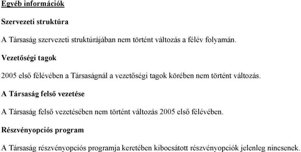 Vezetőségi tagok 2005 első félévében a Társaságnál a vezetőségi tagok körében nem történt változás.