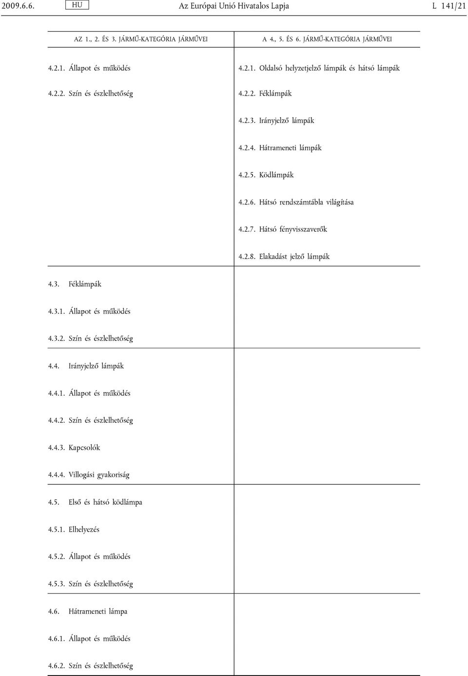 Elakadást jelző lámpák 4.3. Féklámpák 4.3.1. Állapot és működés 4.3.2. Szín és észlelhetőség 4.4. Irányjelző lámpák 4.4.1. Állapot és működés 4.4.2. Szín és észlelhetőség 4.4.3. Kapcsolók 4.4.4. Villogási gyakoriság 4.