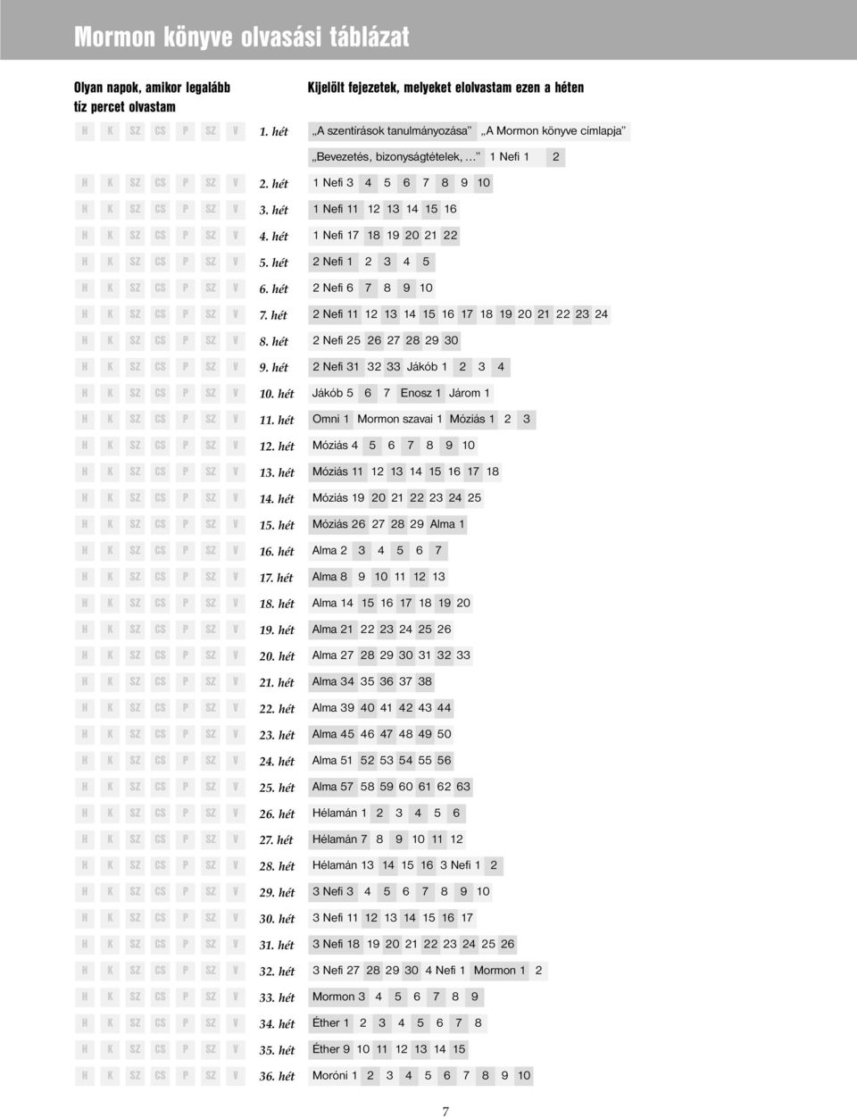 hét 1 Nefi 11 12 13 14 15 16 H K SZ CS P SZ V 4. hét 1 Nefi 17 18 19 20 21 22 H K SZ CS P SZ V 5. hét 2 Nefi 1 2 3 4 5 H K SZ CS P SZ V 6. hét 2 Nefi 6 7 8 9 10 H K SZ CS P SZ V 7.