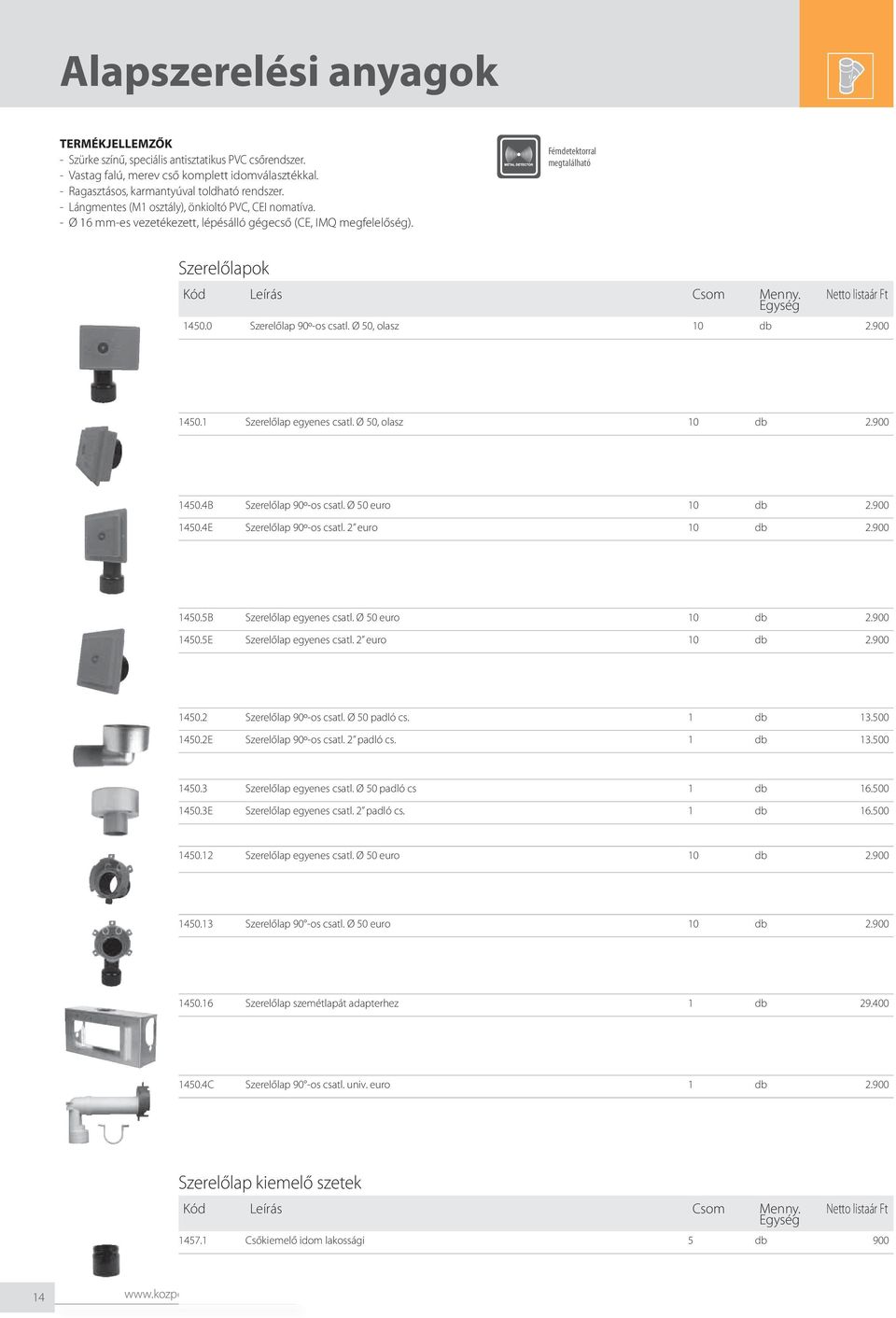 Ø 50, olasz 10 db 2.900 1450.1 Szerelőlap egyenes csatl. Ø 50, olasz 10 db 2.900 1450.4B Szerelőlap 90º-os csatl. Ø 50 euro 10 db 2.900 1450.4E Szerelőlap 90º-os csatl. 2 euro 10 db 2.900 1450.5B Szerelőlap egyenes csatl.
