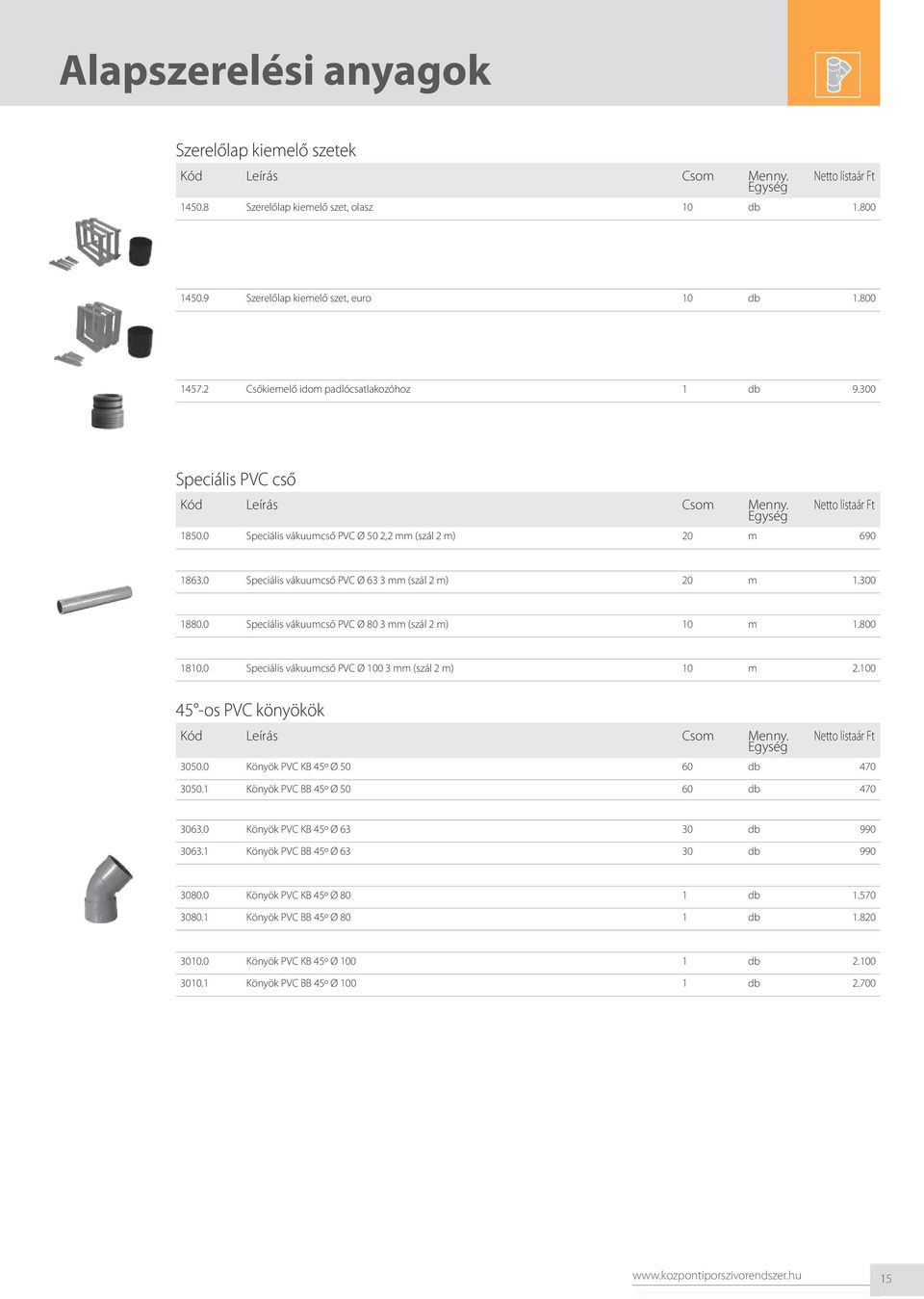 0 Speciális vákuumcső PVC Ø 80 3 mm (szál 2 m) 10 m 1.800 1810.0 Speciális vákuumcső PVC Ø 100 3 mm (szál 2 m) 10 m 2.100 45 -os PVC könyökök 3050.0 Könyök PVC KB 45º Ø 50 60 db 470 3050.