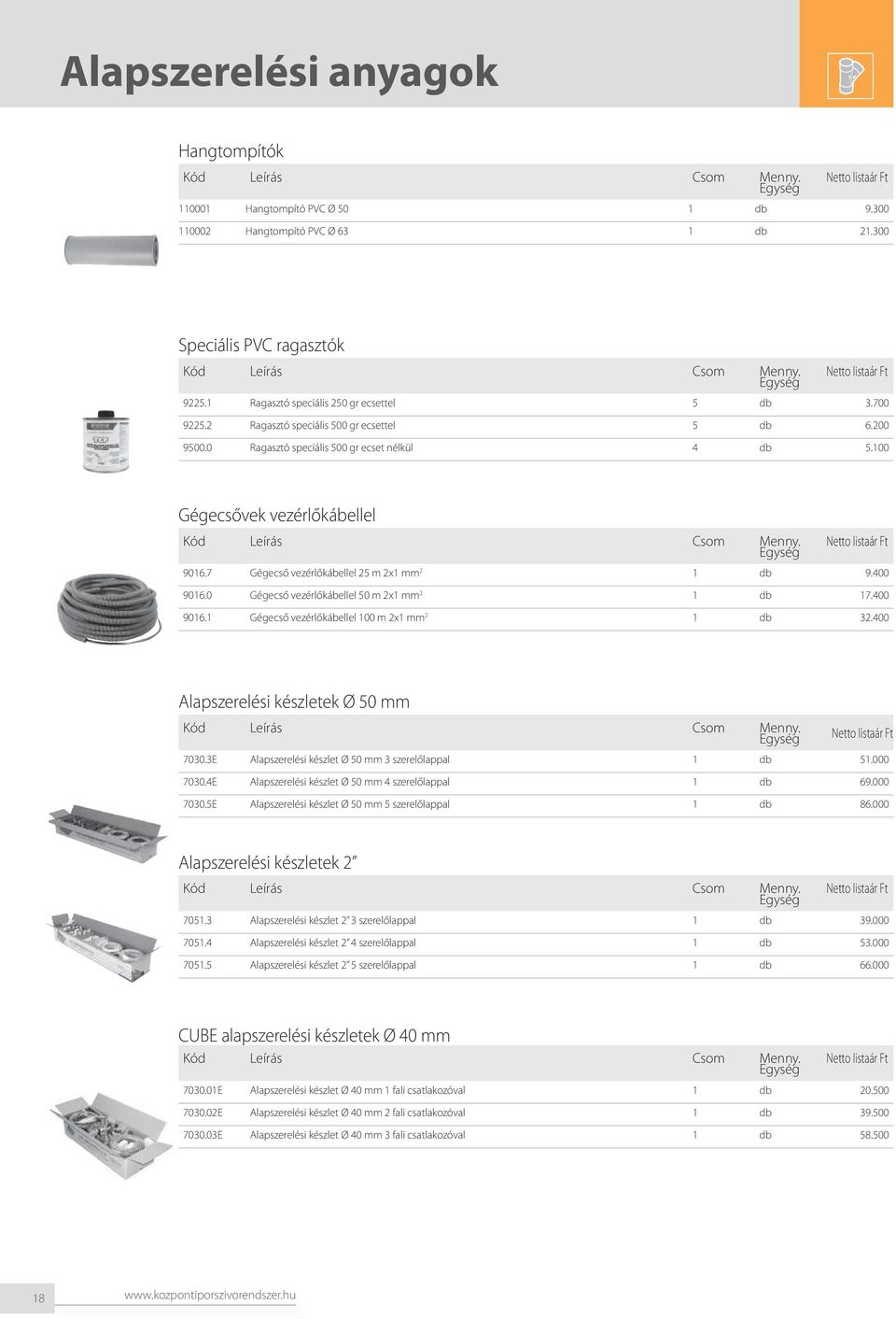 0 Gégecső vezérlőkábellel 50 m 2x1 mm 2 1 db 17.400 9016.1 Gégecső vezérlőkábellel 100 m 2x1 mm 2 1 db 32.400 Alapszerelési készletek Ø 50 mm 7030.