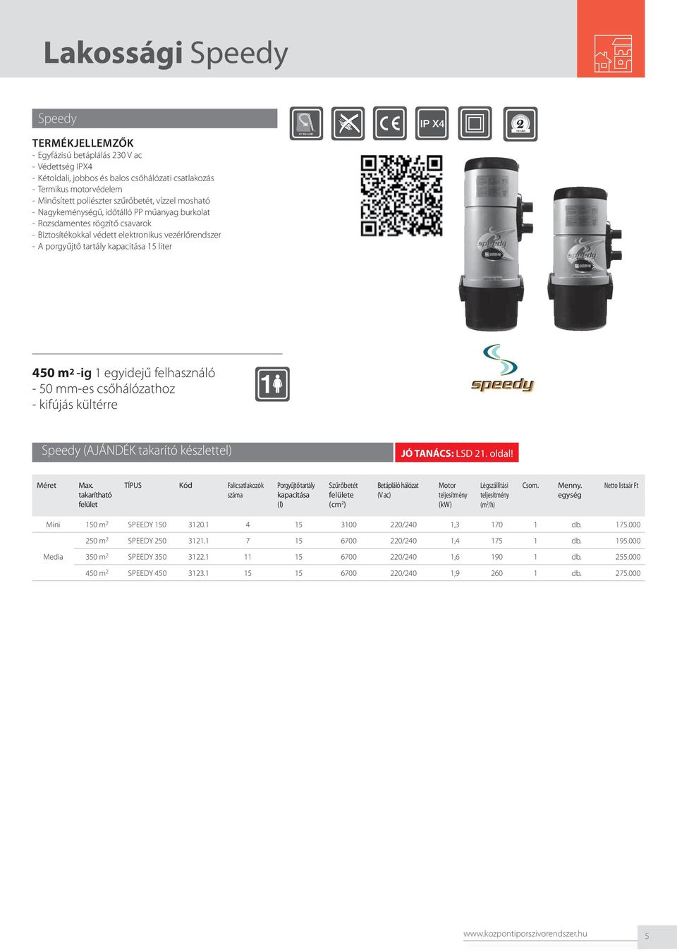 kapacitása 15 liter KIT INCLUDED IP X4 YEARS 450 m 2 -ig 1 egyidejű felhasználó - 50 mm-es csőhálózathoz - kifújás kültérre Speedy (AJÁNDÉK takarító készlettel) JÓ TANÁCS: LSD 21. oldal! Méret Max.