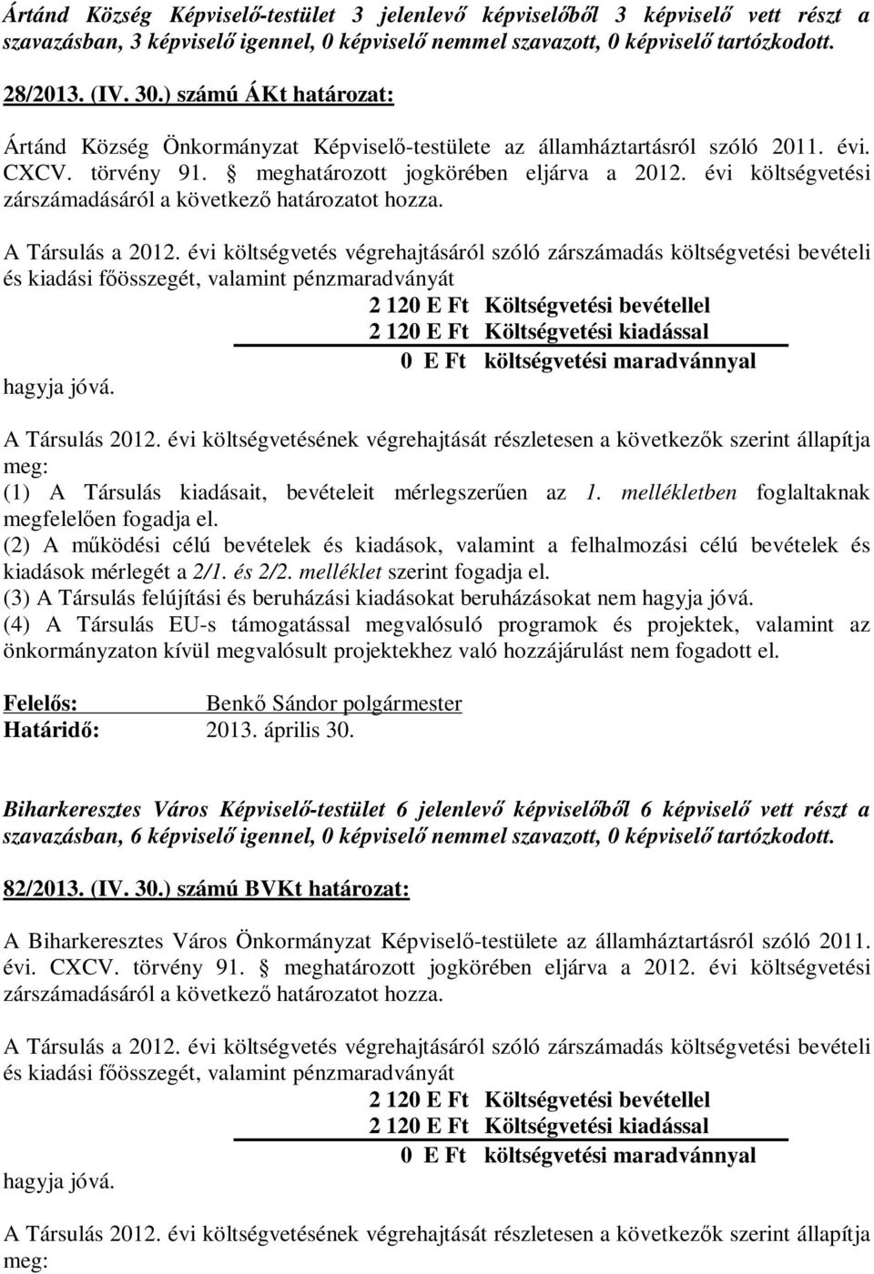 évi költségvetési zárszámadásáról a következő határozatot hozza. A Társulás a 2012.