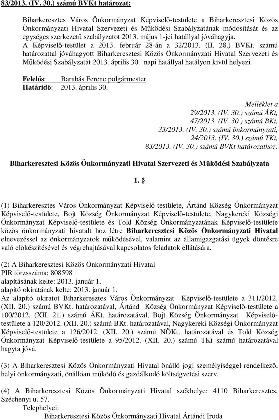 szabályzatot 2013. május 1-jei hatállyal jóváhagyja. A Képviselő-testület a 2013. február 28-án a 32/2013. (II. 28.) BVKt.