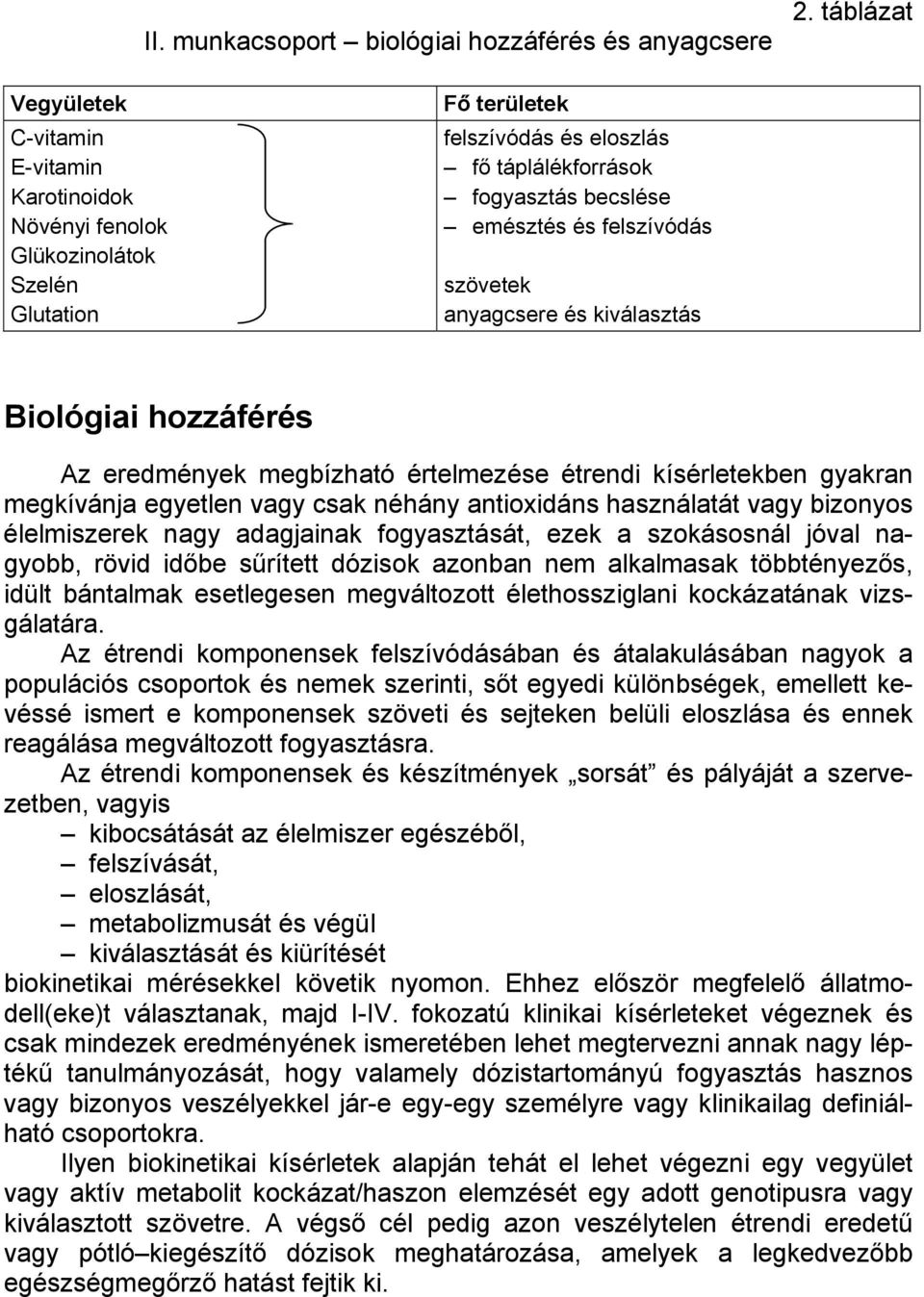 felszívódás szövetek anyagcsere és kiválasztás Biológiai hozzáférés Az eredmények megbízható értelmezése étrendi kísérletekben gyakran megkívánja egyetlen vagy csak néhány antioxidáns használatát