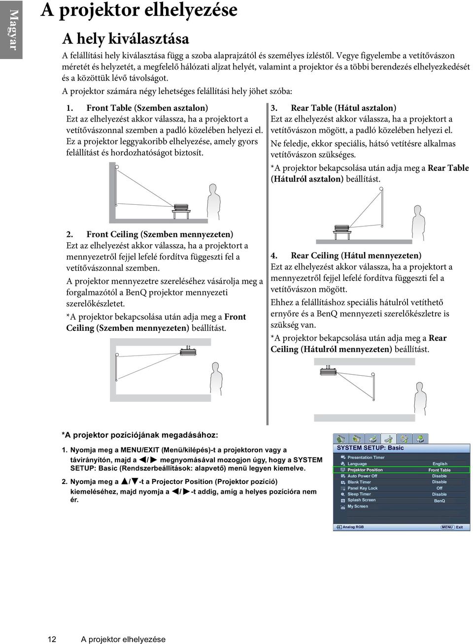 A projektor számára négy lehetséges felállítási hely jöhet szóba: 1.