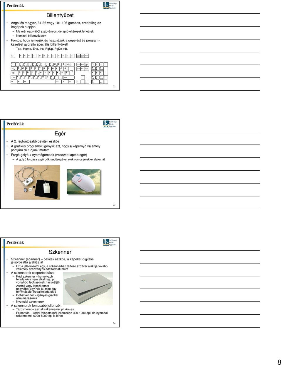 legfontosabb beviteli eszköz A grafikus programok igénylik azt, hogy a képernyő valamely pontjára rá tudjunk mutatni Forgó golyó + nyomógombok (változat: laptop egér) A golyó forgása a görgők