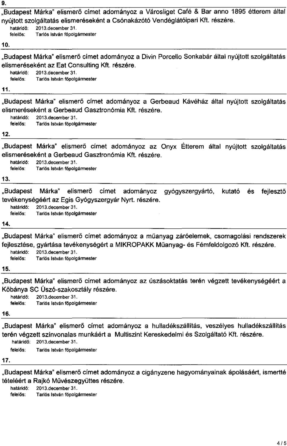 "Budapest Márka" elismerő cimet adományoz a Gerbeaud Kávéház által nyújtott szolgáltatás elismeréseként a Gerbeaud Gasztronómia Kft. részére. 12.