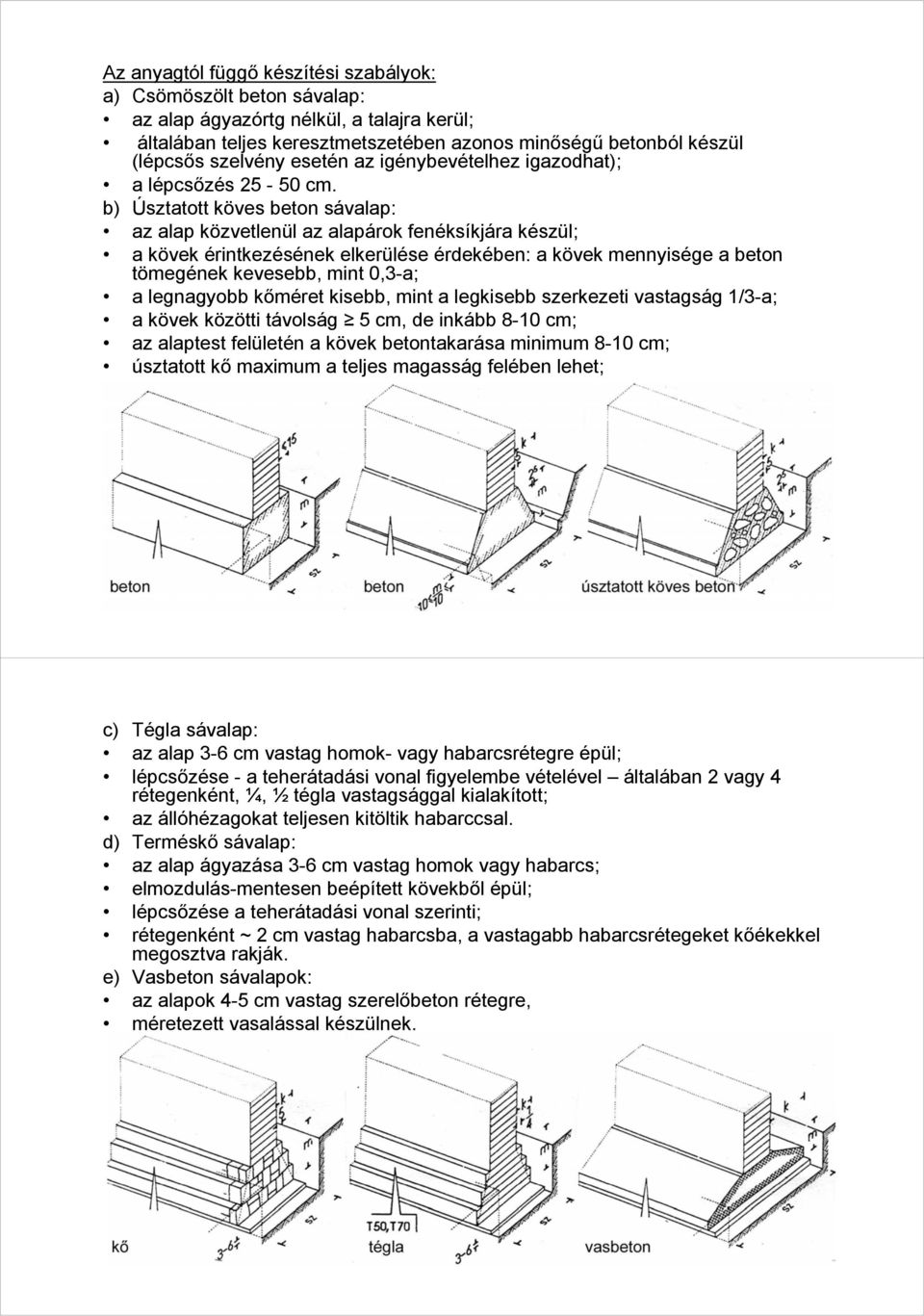 b) Úsztatott köves beton sávalap: az alap közvetlenül az alapárok fenéksíkjára készül; a kövek érintkezésének elkerülése érdekében: a kövek mennyisége a beton tömegének kevesebb, mint 0,3-a; a