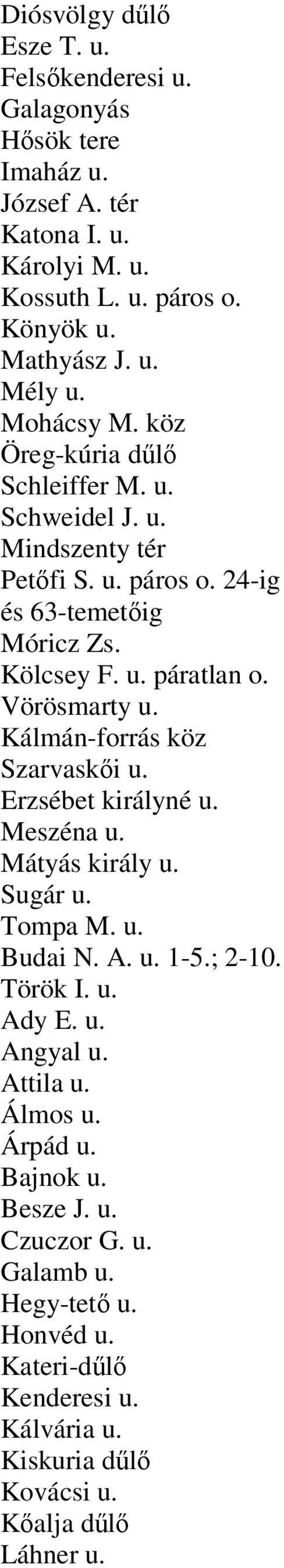 Kálmán-forrás köz Szarvaskői u. Erzsébet királyné u. Meszéna u. Mátyás király u. Sugár u. Tompa M. u. Budai N. A. u. 1-5.; 2-10. Török I. u. Ady E. u. Angyal u. Attila u.