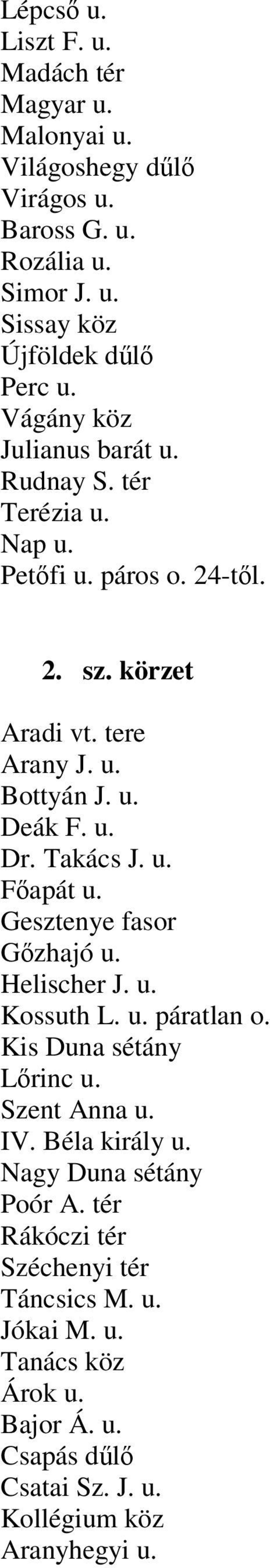 Takács J. u. Főapát u. Gesztenye fasor Gőzhajó u. Helischer J. u. Kossuth L. u. páratlan o. Kis Duna sétány Lőrinc u. Szent Anna u. IV. Béla király u.