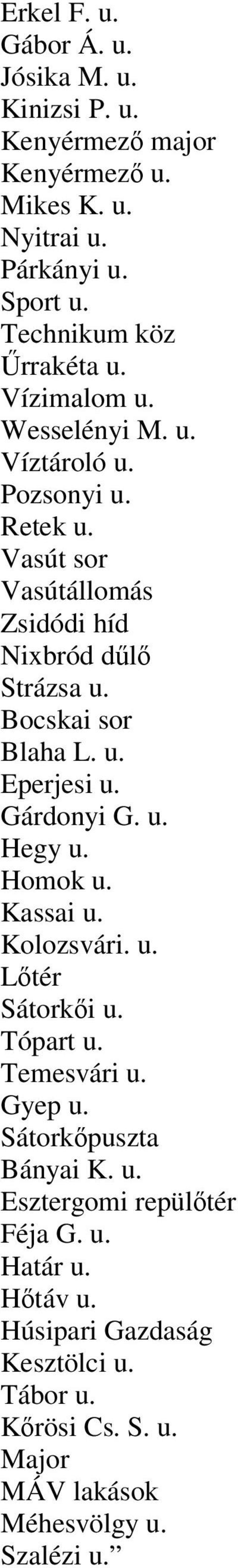 Bocskai sor Blaha L. u. Eperjesi u. Gárdonyi G. u. Hegy u. Homok u. Kassai u. Kolozsvári. u. Lőtér Sátorkői u. Tópart u. Temesvári u. Gyep u.