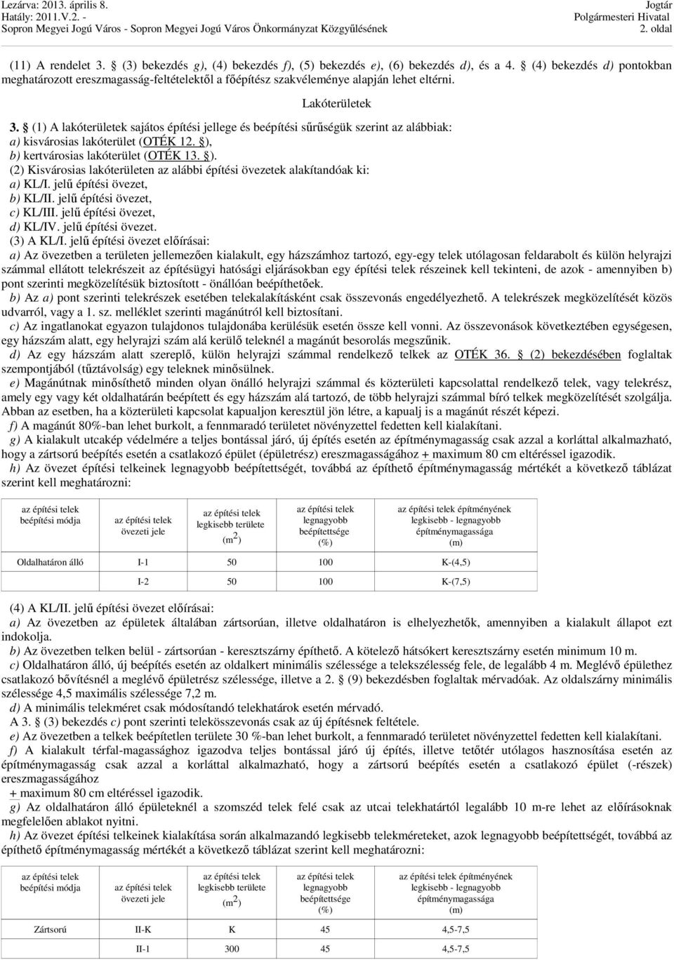 (1) A lakóterületek sajátos építési jellege és beépítési sőrőségük szerint az alábbiak: a) kisvárosias lakóterület (OTÉK 12. ),