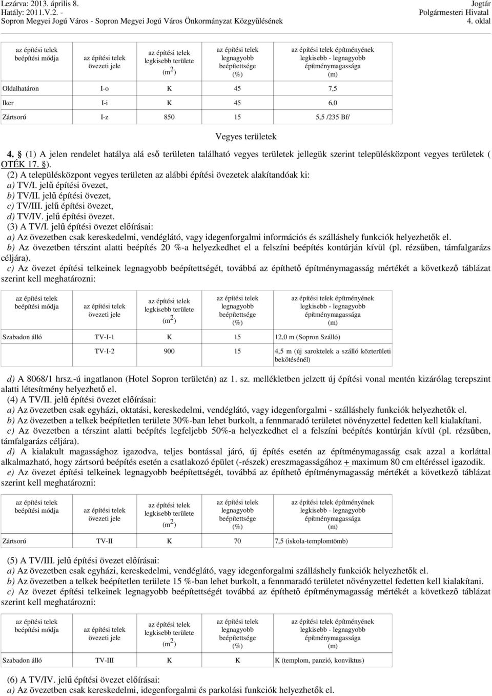 (2) A településközpont vegyes területen az alábbi építési övezetek alakítandóak ki: a) TV/I. jelő építési övezet, b) TV/II. jelő építési övezet, c) TV/III. jelő építési övezet, d) TV/IV.