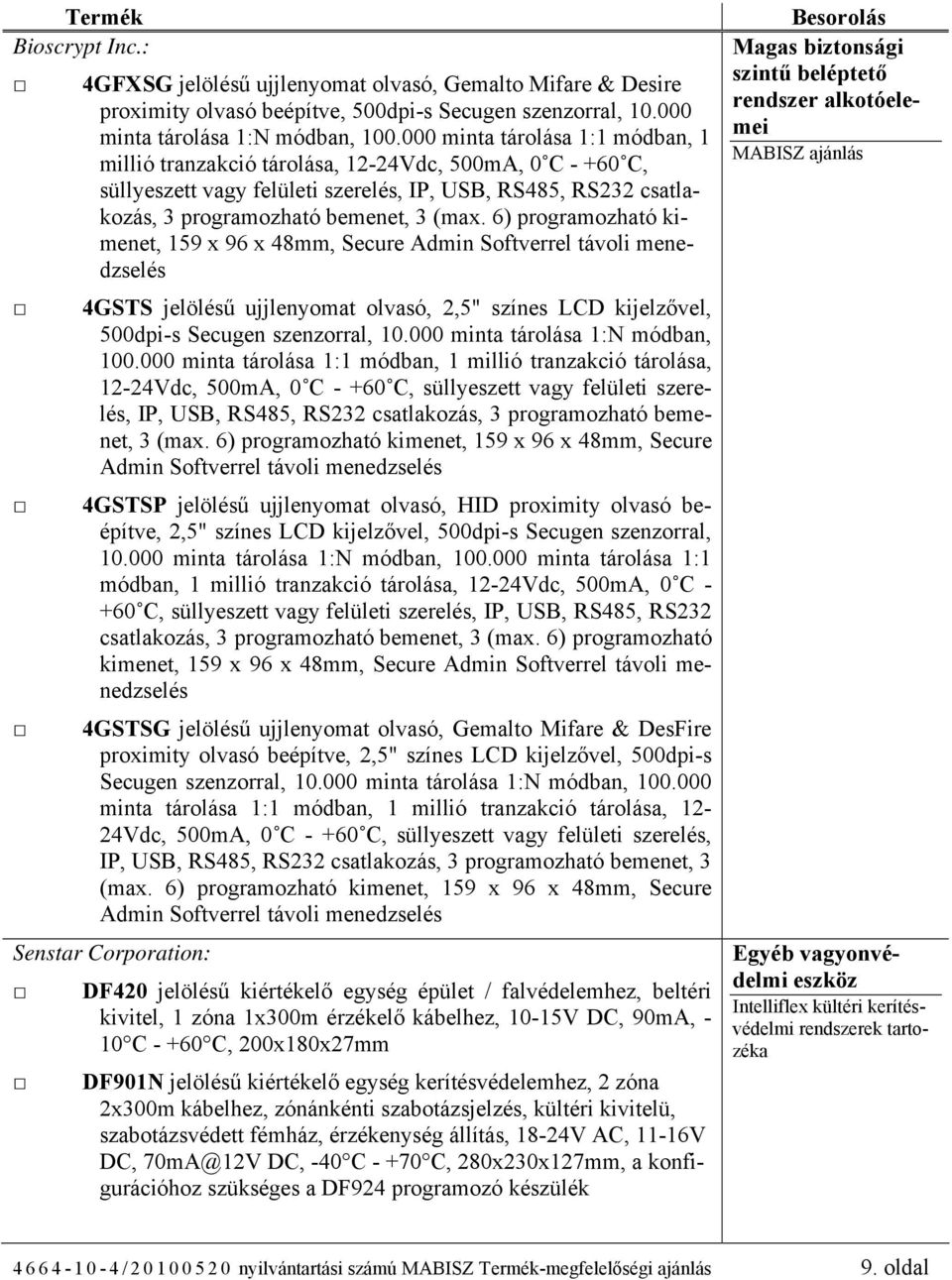 6) programozható kimenet, 159 x 96 x 48mm, Secure Admin Softverrel távoli menedzselés 4GSTS jelölésű ujjlenyomat olvasó, 2,5" színes LCD kijelzővel, 500dpi-s Secugen szenzorral, 10.