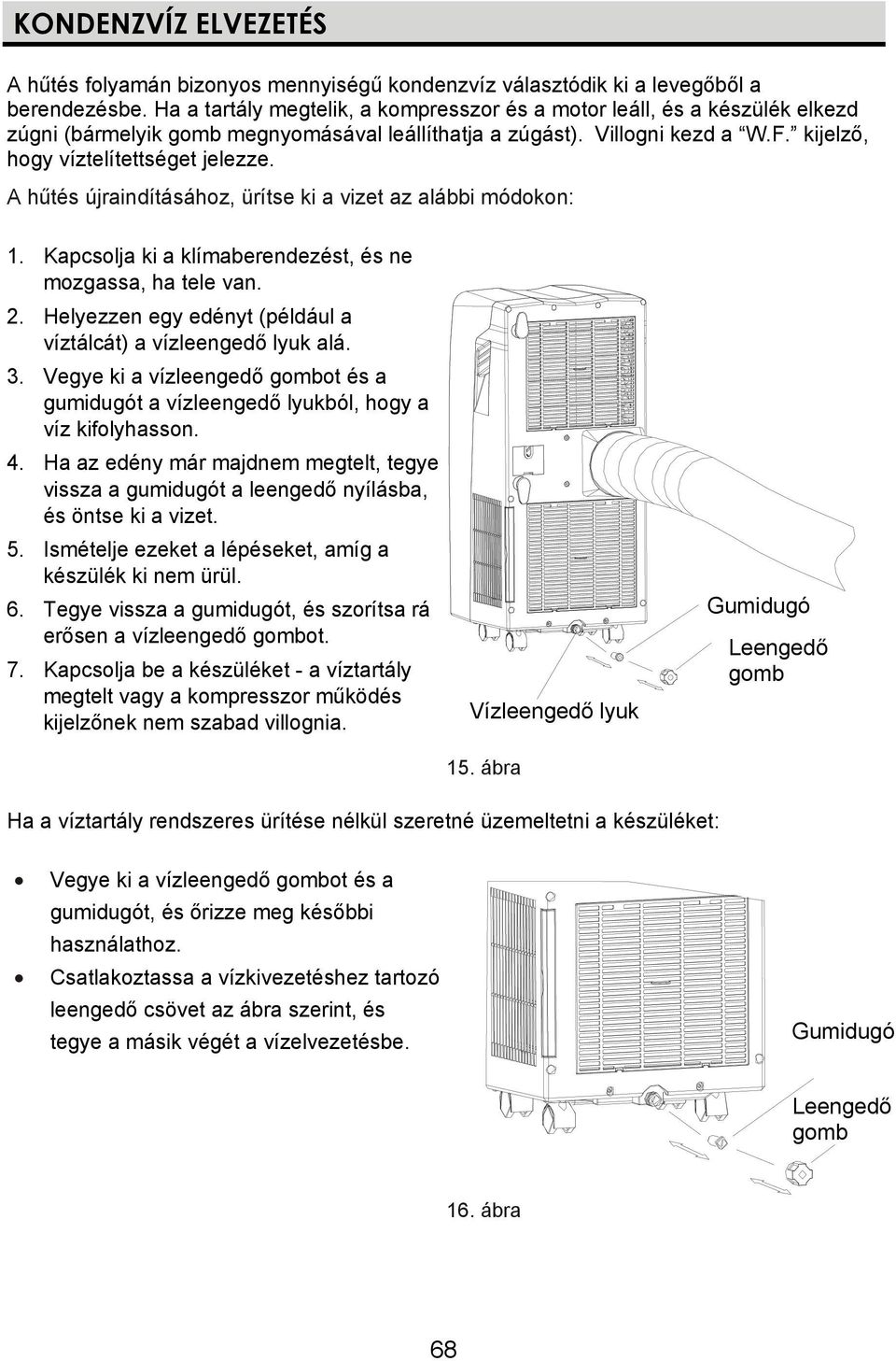 A hűtés újraindításához, ürítse ki a vizet az alábbi módokon: 1. Kapcsolja ki a klímaberendezést, és ne mozgassa, ha tele van. 2. Helyezzen egy edényt (például a víztálcát) a vízleengedő lyuk alá. 3.