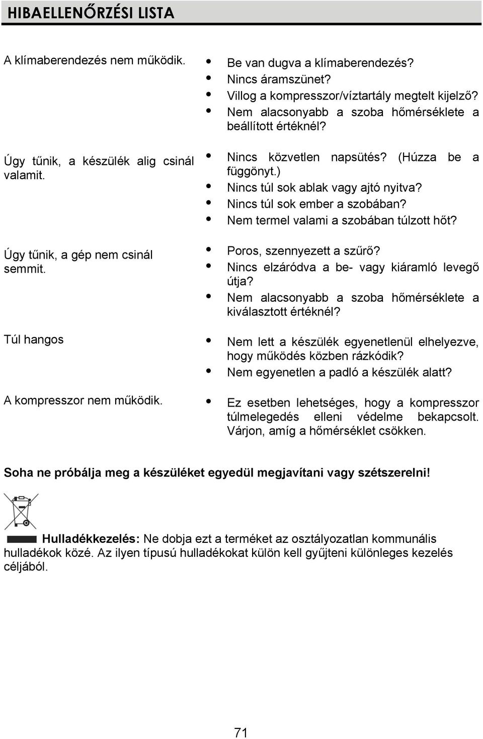 (Húzza be a függönyt.) Nincs túl sok ablak vagy ajtó nyitva? Nincs túl sok ember a szobában? Nem termel valami a szobában túlzott hőt? Poros, szennyezett a szűrő?