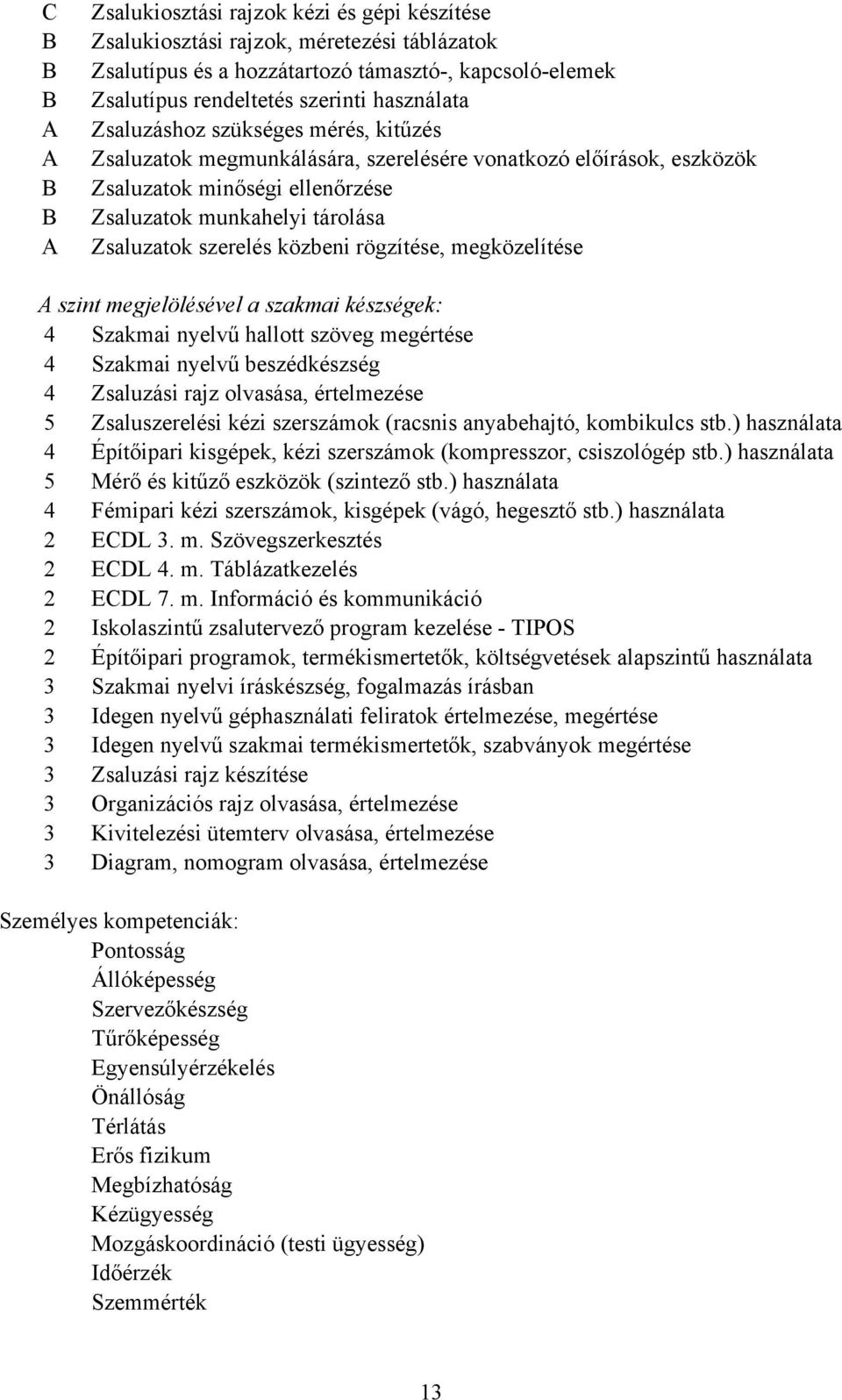 rögzítése, megközelítése A szint megjelölésével a szakmai készségek: 4 Szakmai nyelvű hallott szöveg megértése 4 Szakmai nyelvű beszédkészség 4 Zsaluzási rajz olvasása, értelmezése 5 Zsaluszerelési