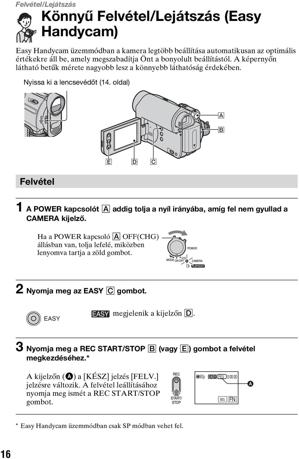 oldal) A B E D C Felvétel 1 A POWER kapcsolót A addig tolja a nyíl irányába, amíg fel nem gyullad a CAMERA kijelző.