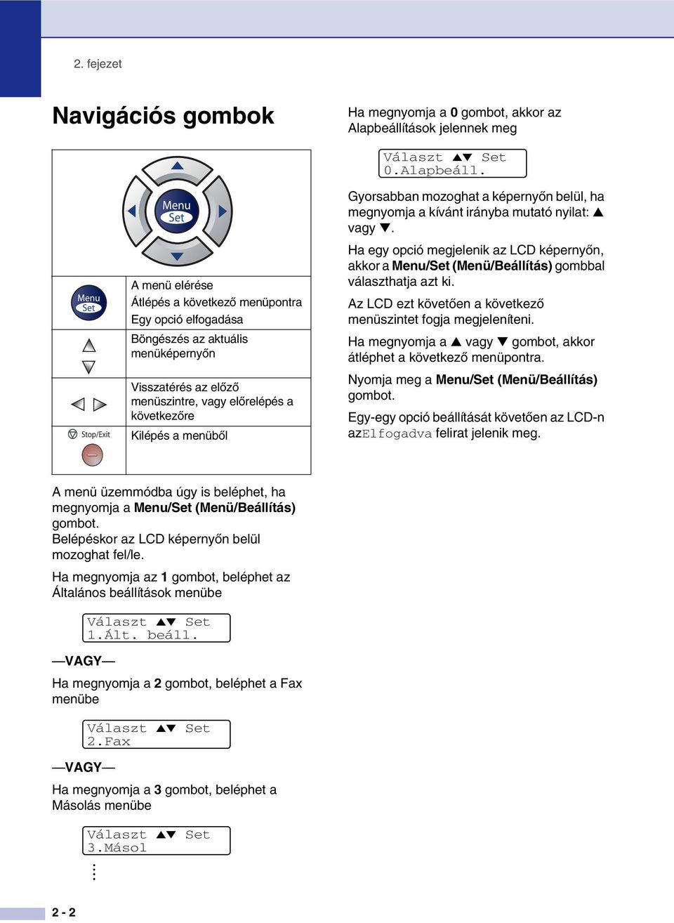 A menü elérése Átlépés a következő menüpontra Egy opció elfogadása Böngészés az aktuális menüképernyőn Visszatérés az előző menüszintre, vagy előrelépés a következőre Kilépés a menüből Gyorsabban