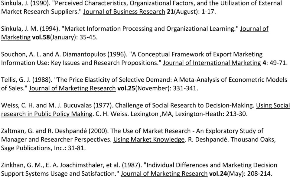 "A Conceptual Framework of Export Marketing Information Use: Key Issues and Research Propositions." Journal of International Marketing 4: 49-71. Tellis, G. J. (1988).