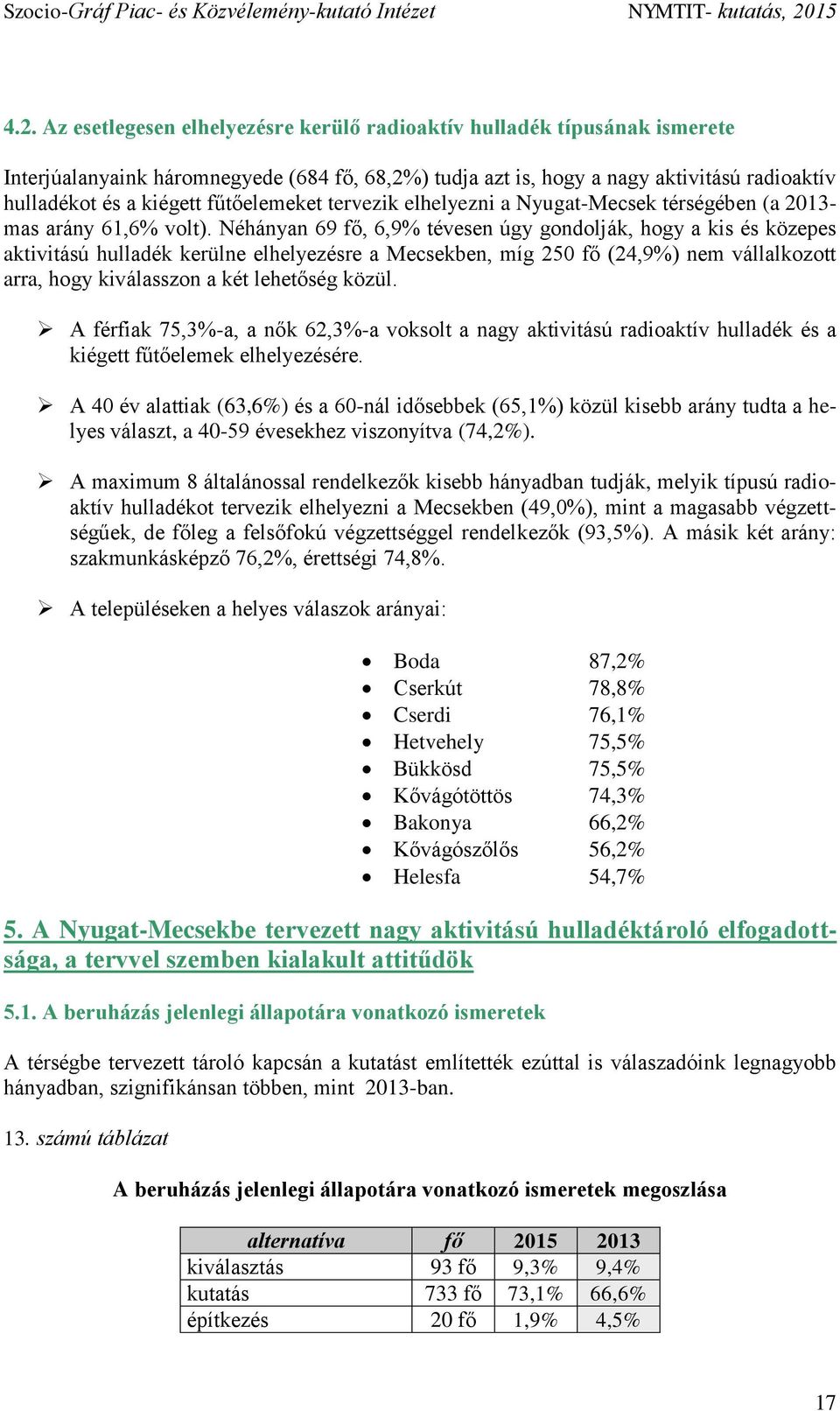 Néhányan 69 fő, 6,9% tévesen úgy gondolják, hogy a kis és közepes aktivitású hulladék kerülne elhelyezésre a Mecsekben, míg 250 fő (24,9%) nem vállalkozott arra, hogy kiválasszon a két lehetőség