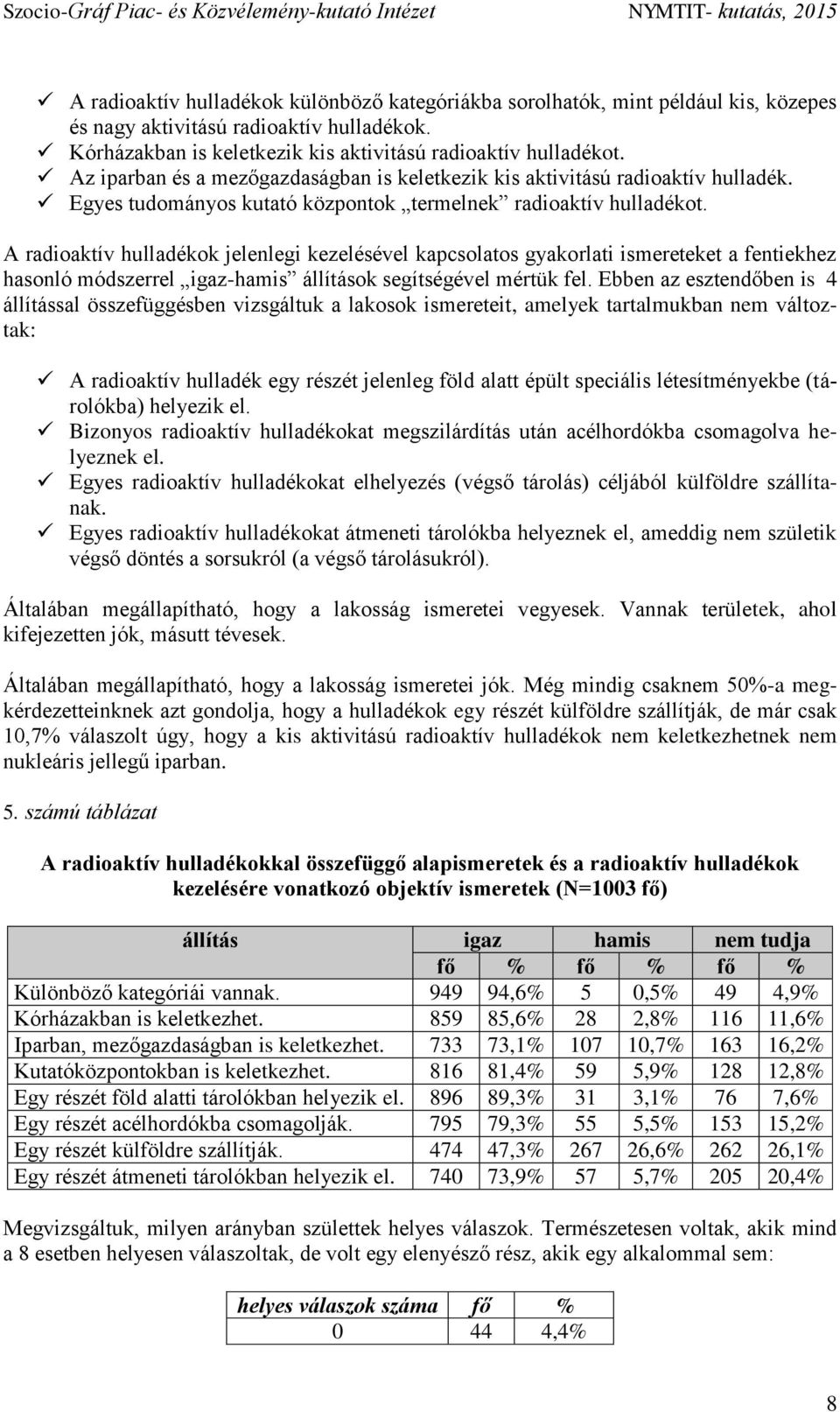 A radioaktív hulladékok jelenlegi kezelésével kapcsolatos gyakorlati ismereteket a fentiekhez hasonló módszerrel igaz-hamis állítások segítségével mértük fel.