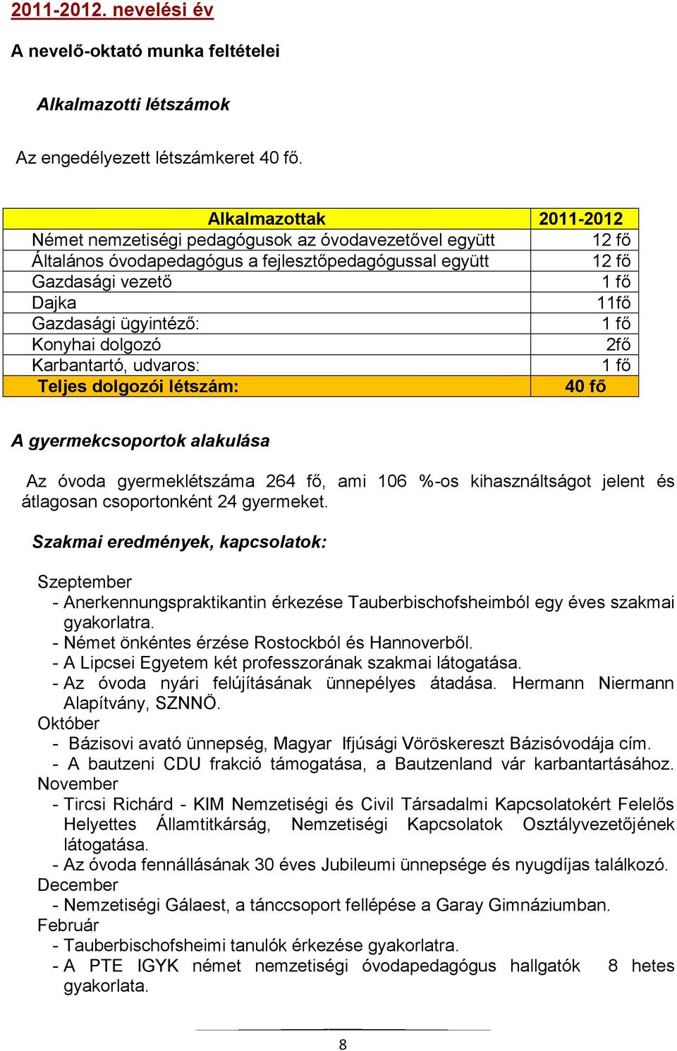 Szakmai eredmények, kapcsolatok: Szeptember - Anerkennungspraktikantin érkezése Tauberbischofsheimból egy éves szakmai gyakorlatra. - Német önkéntes érzése Rostockból és Hannoverből.