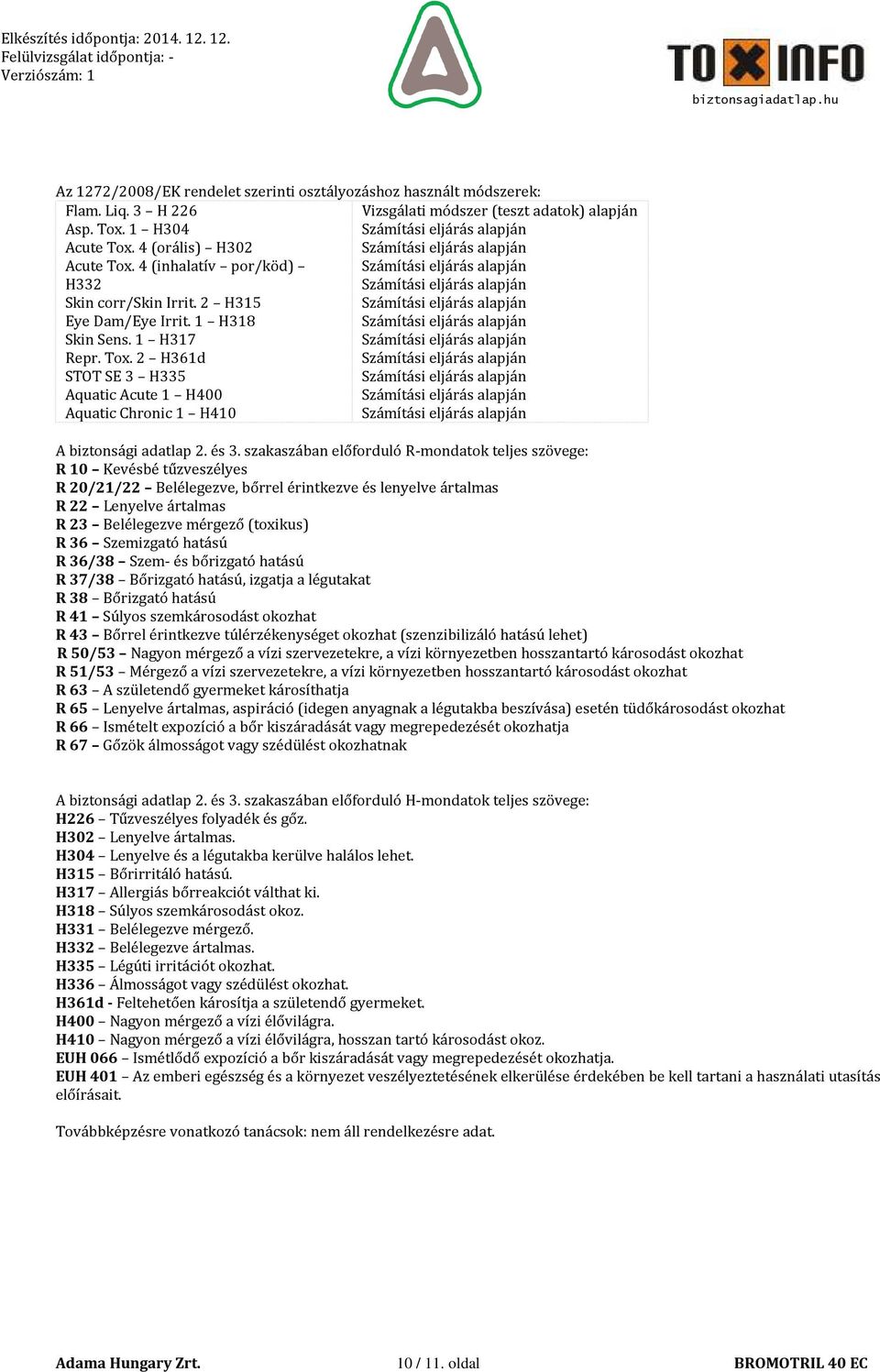 2 H361d STOT SE 3 H335 Aquatic Acute 1 H400 Aquatic Chronic 1 H410 A biztonsági adatlap 2. és 3.