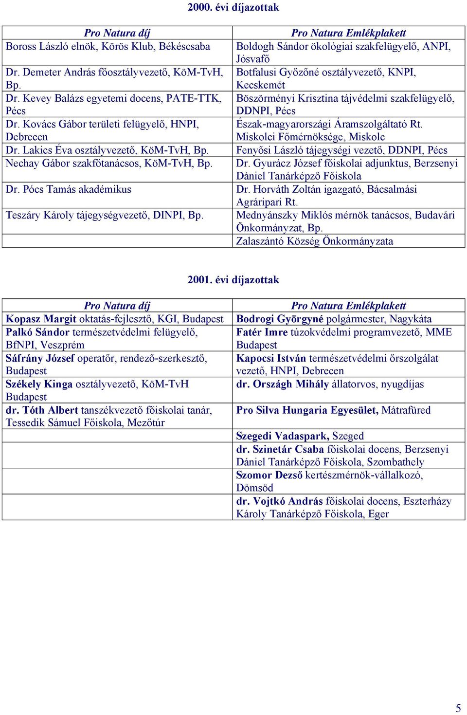 Boldogh Sándor ökológiai szakfelügyelő, ANPI, Jósvafő Botfalusi Győzőné osztályvezető, KNPI, Kecskemét Böszörményi Krisztina tájvédelmi szakfelügyelő, DDNPI, Pécs Észak-magyarországi Áramszolgáltató