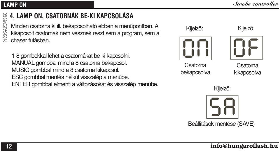 Strobe controller 1-8 gombokkal lehet a csatornákat be-ki kapcsolni. MANUAL gombbal mind a 8 csatorna bekapcsol.