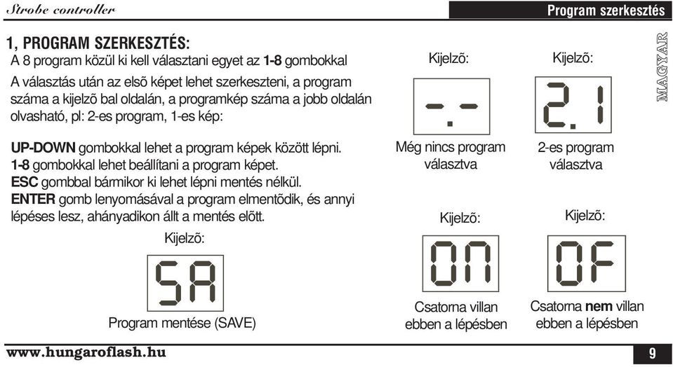 1-8 gombokkal lehet beállítani a program képet. ESC gombbal bármikor ki lehet lépni mentés nélkül.