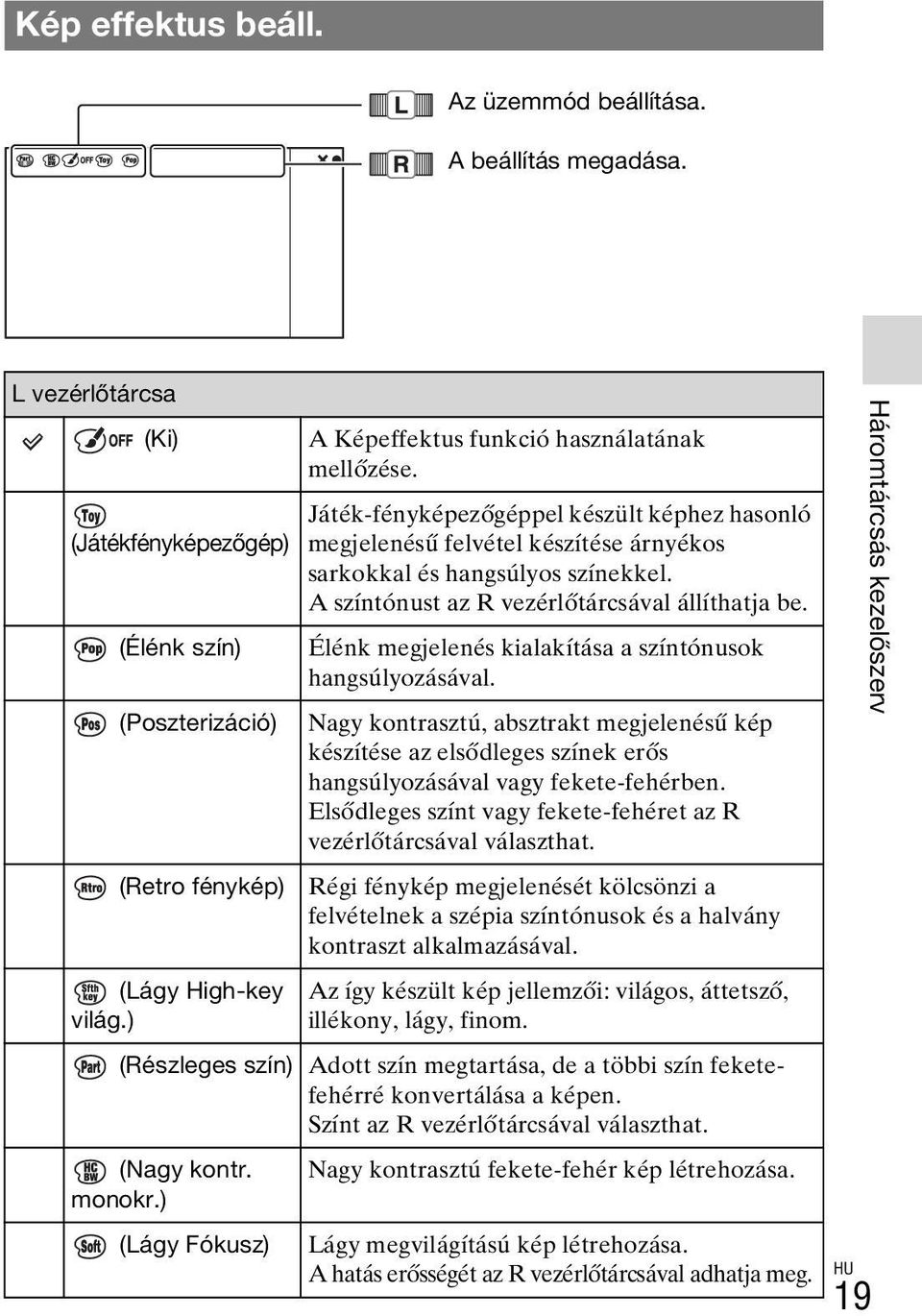 A színtónust az R vezérlőtárcsával állíthatja be. Élénk megjelenés kialakítása a színtónusok hangsúlyozásával.