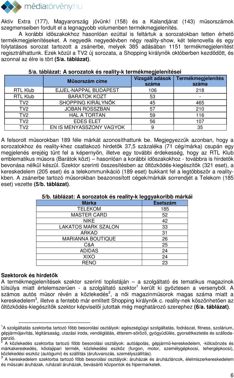 A negyedik negyedévben négy reality-show, két telenovella és egy folytatásos sorozat tartozott a zsánerbe, melyek 385 adásában 1151 termékmegjelenítést regisztrálhattunk.