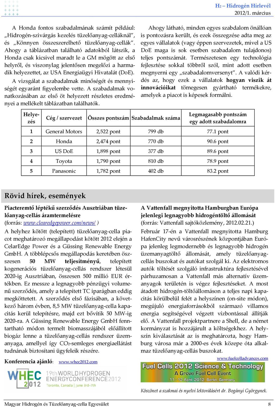 (DoE). A vizsgálat a szabadalmak minőségét és mennyiségét egyaránt figyelembe vette. A szabadalmak vonatkozásában az első öt helyezett részletes eredményei a mellékelt táblázatban találhatók.