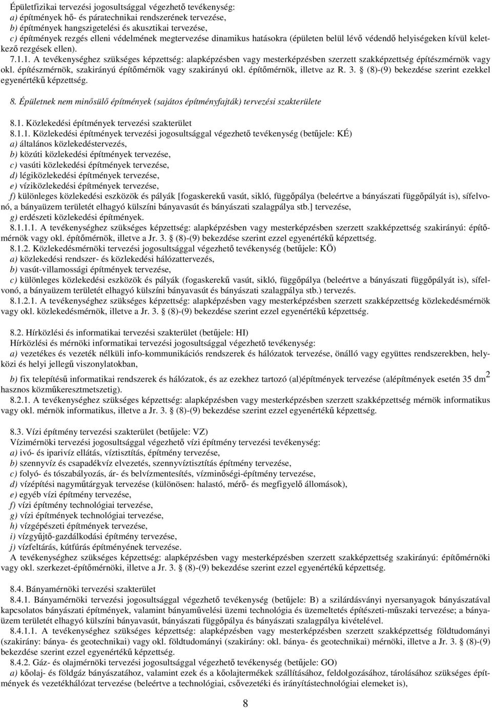 1. A tevékenységhez szükséges képzettség: alapképzésben vagy mesterképzésben szerzett szakképzettség építészmérnök vagy okl. építészmérnök, szakirányú építmérnök vagy szakirányú okl.